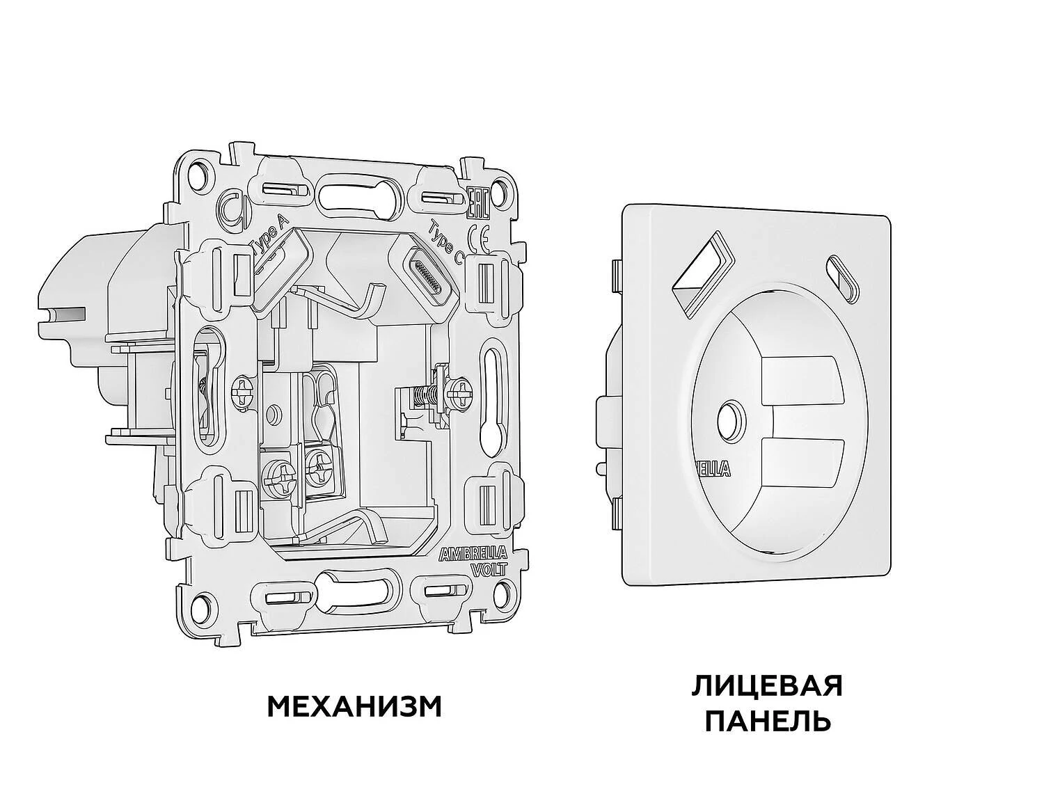 Комплект механизма электрической розетки ALFA Черный матовый 2USB A+C 20W (быстрая зарядка) с/з QUANT (AP8100, VM160) (Ambrella Volt, MA810010) - Amppa.ru