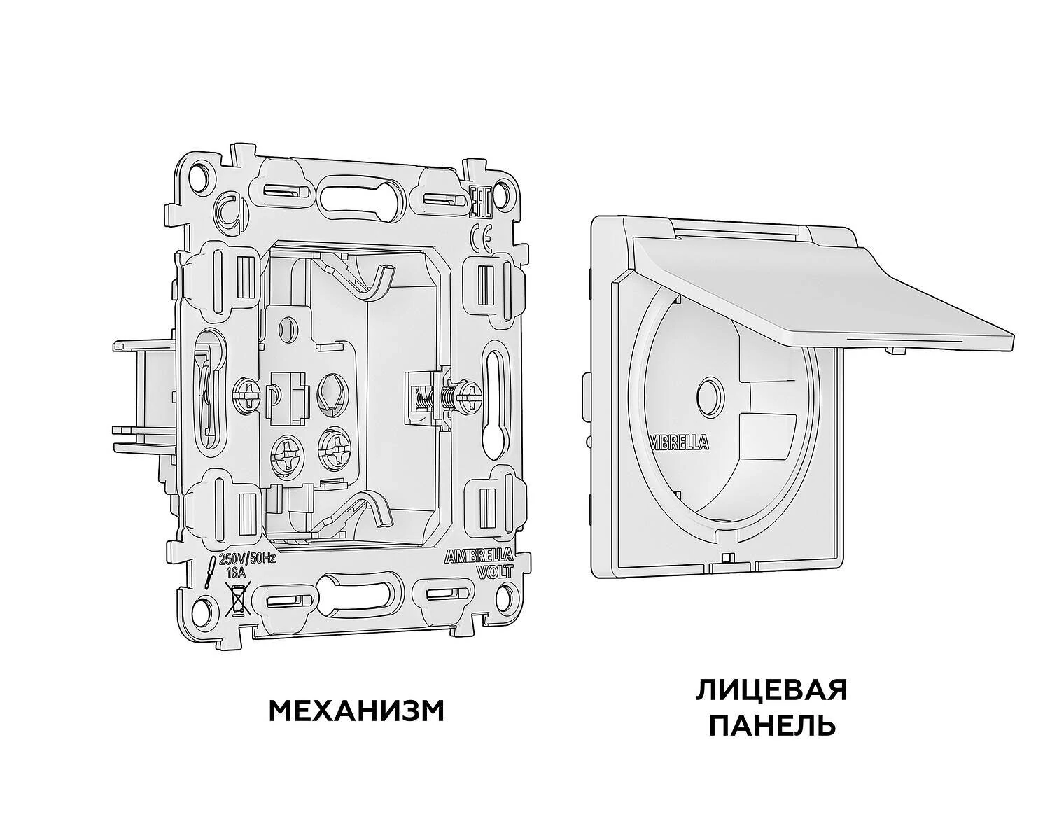 Комплект механизма электрической розетки ALFA Белый глянец с/з с шторками и крышкой IP44 QUANT (AP1080, VM141) (Ambrella Volt, MA108010) - Amppa.ru